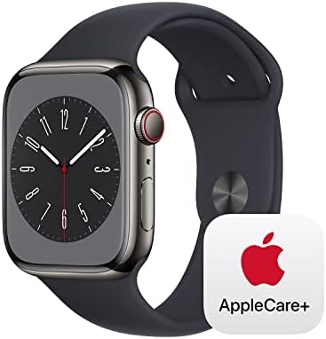 Apple Watch Series 8 [GPS + Cellular 45mm] Smart Watch w/ Graphite Stainless Steel Case w/ Midnight Sport Band – M/L with AppleCare+ (2 Years)