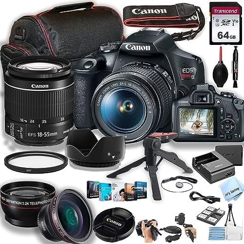 Canon EOS Rebel T7 DSLR Camera w/EF-S 18-55mm F/3.5-5.6 is II Zoom Lens + 64GB Memory, Macro + 2X Len, Case, Gripster Tripodpod, and More (28pc Bundle)