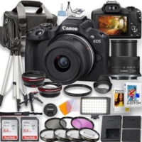 Canon EOS R50 Mirrorless Camera with 18-45mm is STM Lens + LED Video Light, 2pc 64GB Memory Cards, Wideangle and Telephoto Lens, Tripod, Case, Filters & More