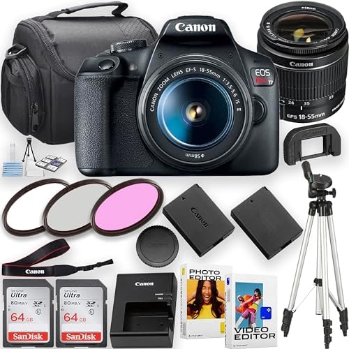 Canon EOS Rebel T7 DSLR Camera w/EF-S 18-55mm f/3.5-5.6 is II Lens + 2Pc 64GB Memory Card + Tripod + Photo and Video Editor & More