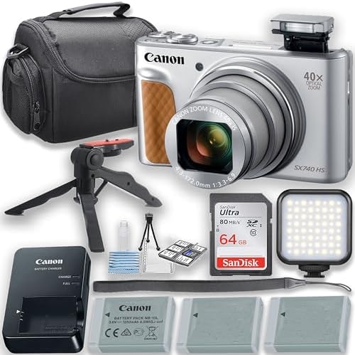 Canon PowerShot SX740 HS Digital Camera (Silver) with LED Video Light + Two Extra Batteries + 64GB Memory Card + Tripod + Case & More