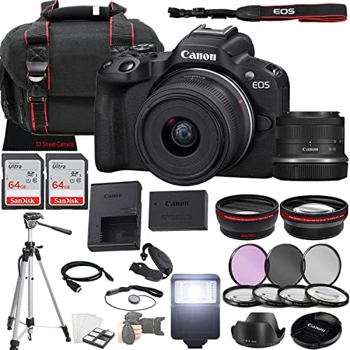 Canon EOS R50 Mirrorless Camera w/RF-S 18-45mm f/4.5-6.3 is STM Lens + 2X 64GB Memory + Case + Filters + More (35pc Bundle)