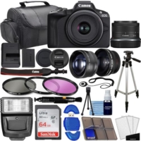 Canon EOS R50 Mirrorless Camera w/RF-S 18-45mm f/4.5-6.3 is STM Lens + Wide Angle Lens + Telephoto Lens + 64GB Memory Card + 3 Pc Filter Kit + Case + Flash + Tripod + More (37pc Bundle)