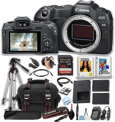 Canon EOS R8 Mirrorless Camera Body + 128GB Pro Speed Memory + Case + Tripod + Software Pack -Proffesional Bundle