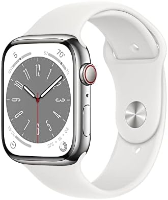 Apple Watch Series 8 [GPS + Cellular 45mm] Smart Watch w/Silver Stainless Steel Case with White Sport Band – M/L. Fitness Tracker, Blood Oxygen & ECG Apps, Always-On Retina Display, Water Resistant