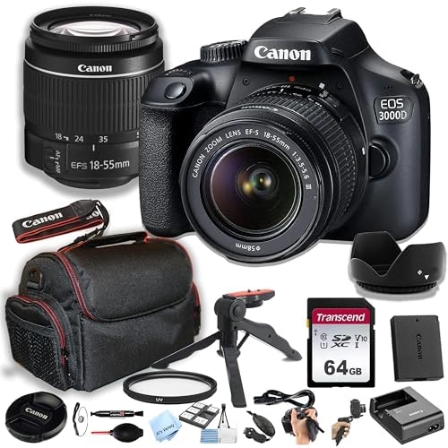 Canon 3000D(EOS Rebel T100) DSLR Camera w/EF-S 18-55mm F/3.5-5.6 Zoom Lens + 64GB Memory Card, Case, Hood, Grip-Pod, Filter, Professional Photo Bundle(23pc), CANON EOS 3000D
