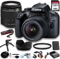 Canon 4000D (EOS Rebel T100) DSLR Camera w/EF-S 18-55mm F/3.5-5.6 Zoom Lens + 128GB Memory Card, Hood, Grip-Pod, Filter, Professional Photo Bundle(22pc)