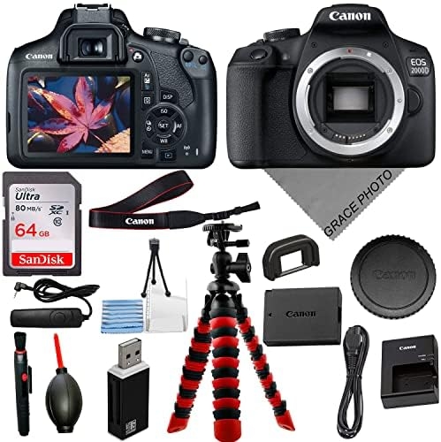 Canon EOS 2000D/Rebel T7 Body Bundle: Includes Sturdy Tripod, 64GB Memory Card, USB Reader + More
