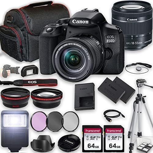 Canon EOS 850D (Rebel T8i) DSLR Camera w/EF-S 18-55mm f/3.5-5.6 III Lens + 2X 64GB Memory + Case + Filters + Tripod + More (35pc Bundle)