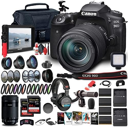 Canon EOS 90D DSLR Camera with 18-135mm Lens (3616C016) + EF-S 55-250mm Lens + 4K Monitor + Pro Headphones + Pro Mic + 2 x 64GB Memory Card + Case + Corel Photo Software + Pro Tripod + More (Renewed)