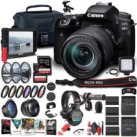 Canon EOS 90D DSLR Camera with 18-135mm Lens (3616C016), 4K Monitor, Pro Headphones, Pro Mic, 2 x 64GB Card, Case, Corel Photo Software, Pro Tripod, 3 x LPE6 Battery + More (Renewed)