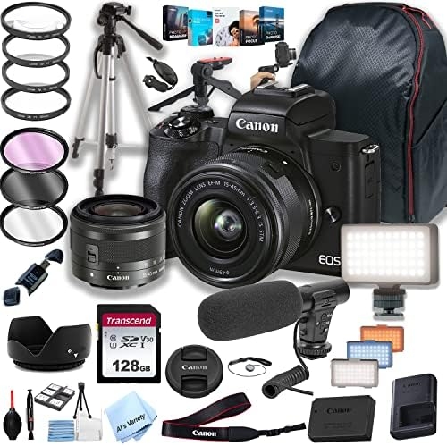 Canon EOS M50 Mark II Mirrorless Digital Camera with 15-45mm Lens + 128GB Memory + LED Video Light + Microphone + Back Pack + Steady Grip Pod + Tripod + Filters + Software + More (36pc Bundle)