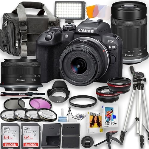 Canon EOS R10 Mirrorless Camera with 18-45mm is STM Lens and 55-210mm STM Lens + LED Video Light, 2pc 64GB Memory Cards, Wideangle and Telephoto Lens, Tripod, Case, Filters & More