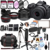 Canon EOS R100 Mirrorless Camera with 18-45mm Lens + 128GB Memory,LED Light, Microphone,Spare Battery, Filters,Case, Tripod, Flash, and More (41pc Video Bundle)