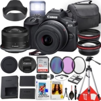 Canon EOS R100 Mirrorless Camera with 18-45mm Lens + 32 GB Memory + Hood + Monopod + Filters + Tripod + More (26pc Bundle)