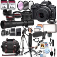 Canon EOS R100 Mirrorless Camera with 18-45mm Lens + 420-800mm Super Telephoto Lens + 128GB Memory, LED Light, Microphone, Spare Battery, Filters,Case, Tripod, Flash, and More (43pc Video Bundle)