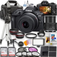 Canon EOS R100 Mirrorless Camera with 18-45mm is STM Lens + LED Video Light, 2pc 64GB Memory Cards, Wideangle and Telephoto Lens, Tripod, Case, Filters & More