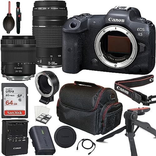 Canon EOS R5 Mirrorless Camera with RF 24-105mm f/4-7.1 is STM Lens + Canon EF 75-300mm f/4-5.6 III Lens + 64GB Memory Card + Tripod + Case & More