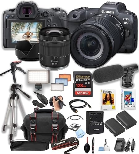 Canon EOS R5 Mirrorless Camera withRF 24-105mm f/4-7.1 STM Lens + 128GB Pro Speed Memory + Led Video Light + Microphone +Case + Tripod + Software Pack-Video Bundle