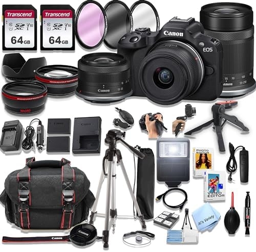 Canon EOS R50 Mirrorless Camera with 18-45mm and 55-210mm Lenses + 128GB Memory, Spare Battery, Filters,Case, Tripod, Flash, and More (42pc Bundle)