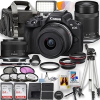 Canon EOS R50 Mirrorless Camera with 18-45mm is STM Lens and 55-210mm STM Lens + LED Video Light, 2pc 64GB Memory Cards, Wideangle and Telephoto Lens, Tripod, Case, Filters & More