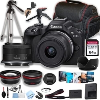 Canon EOS R50 Mirrorless Digital Camera with RF-S 18-45mm f/4.5-6.3 is STM Lens + 64GB Memory + Case+ Steady Grip Pod + Tripod+ Macro + 2X Lens + Software Pack + More (34pc Bundle)