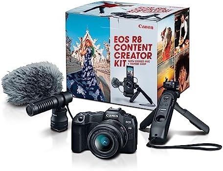 Canon EOS R8 Content Creator Kit, Full-Frame Mirrorless Camera, RF Mount, 24.2 MP, 4K Video, DIGIC X Image Processor, Compact, Lightweight, Smartphone Connection, Tripod Grip, Stereo Microphone