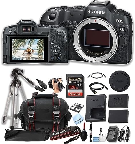 Canon EOS R8 Mirrorless Camera Body + 128GB Pro Speed Memory + Case + Tripod -Proffesional Bundle