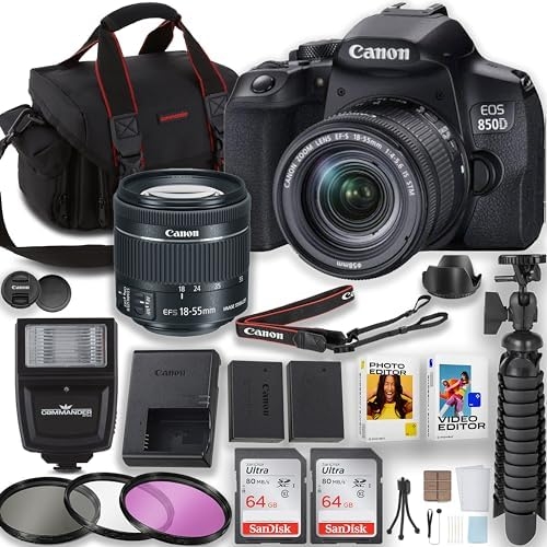 Canon EOS Rebel 850D / T8i DSLR Camera with EF-S 18-55mm Lens + 2pc 64GB Memory Cards + Flash + Photo and Video Editor & More