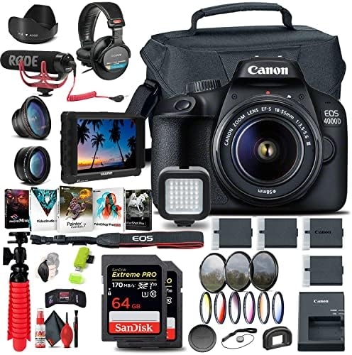 Canon EOS Rebel T100 / 4000D DSLR Camera with 18-55mm Lens + 4K Monitor + Mic + Headphones + 2 x 64GB Card + Filter Kit + Case + Photo Software + 3 x LPE10 Battery + More (Renewed)
