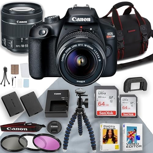 Canon EOS Rebel T100 DSLR Camera w/Canon EF-S 18-55mm Lens + 2pc 64GB Memory Card + Tripod + Photo and Video Editor + Cleaning Cloth & More