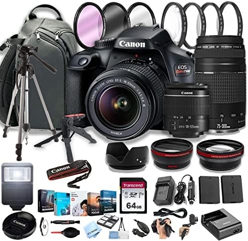 Canon EOS Rebel T100 DSLR Camera w/EF-S 18-55mm F/3.5-5.6 Zoom Lens + 75-300mm F/4-5.6 III Lens+ 64GB Memory Cards, Professional Photo Bundle (42pc Bundle)