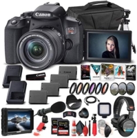 Canon EOS Rebel T8i DSLR Camera with 18-55mm Lens (3924C002) + 4K Monitor + Pro Headphones + Pro Mic + 2 x 64GB Card + Case + Corel Software + Pro Tripod + 3 x LPE17 Battery + More (Renewed)