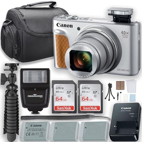 Canon PowerShot SX740 HS Digital Camera (Silver) with Flash + 2 Extra Batteries + Two 64GB Memory Cards + Tripod + Case & More