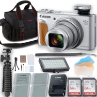 Canon PowerShot SX740 HS Digital Camera (Silver) with LED Video Light + 3 Extra Batteries + Two 64GB Memory Cards + Tripod + Case & More