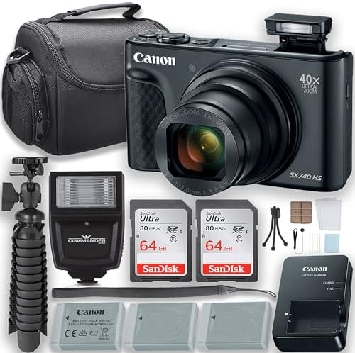 Canon PowerShot SX740 HS Digital Camera with Flash + 2 Extra Batteries + Two 64GB Memory Cards + Tripod + Case & More