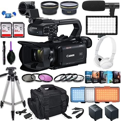 Canon XA45 Professional UHD 4K with Sony Headset, Video LED Light, 2 x 64gb Memory Card, Video/Photo Creator Software, Wide-Angle and Telephoto Lenses, Microphone and More (33pc Bundle) (Renewed)