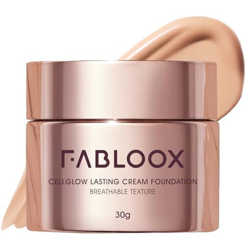 FABLOOX Cellglow Lasting Cream Foundation, Brighten Skin with Buildable Medium to Full Coverage, Skincare Makeup Hybrid, Lightweight & Nourishing Formula, 24H Wear, Radiant Finish, Vegan, Almond