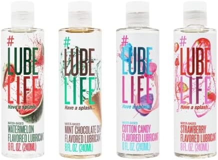 #LubeLife Four Course Dessert Force, Includes Water-Based Flavored Lubricants, Strawberry, Watermelon, Mint Chocolate Chip, Cotton Candy, Made Without Added Sugar, Non-Staining, 8 Fl Oz