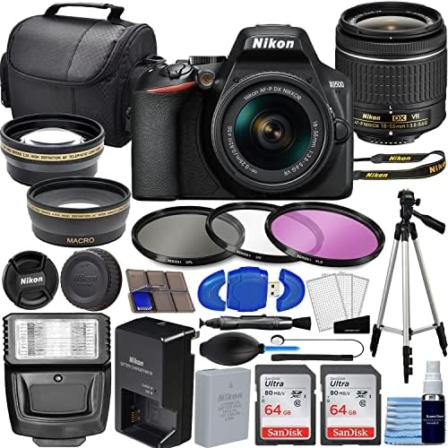 Nikon D3500 DSLR Camera with AF-P 18-55mm VR Lens Kit with 2X 64GB Memory Cards + Wide Angle Lens + Telephoto Lens + 3pc Filter Kit + Flash + Tripod + Photo Bundle