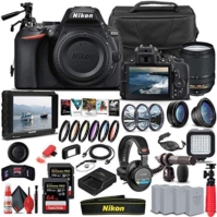 Nikon D5600 DSLR Camera with 18-140mm Lens (1577) + 4K Monitor + Pro Headphones + Pro Mic + 2 x 64GB Memory Card + Case + Corel Photo Software + Pro Tripod + 3 x EN-EL14 A Battery + More (Renewed)