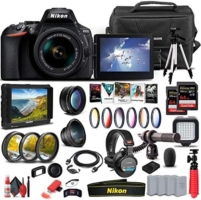 Nikon D5600 DSLR Camera with 18-55mm Lens (1576) + 4K Monitor + Pro Headphones + Pro Mic + 2 x 64GB Cards + Case + Corel Software + Tripod + 3 x EN-EL14A Battery + More (International Model) (Renewed)