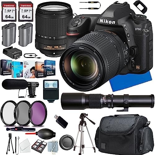 Nikon D780 DSLR Camera with 18-140mm Lens+The 500mm f/8.0 Telephoto preset Lens+Shot-Gun Microphone+Photo Software Package+ Case+128 GIG Memory+Slave Flash+Tripod(13PC) Bundle