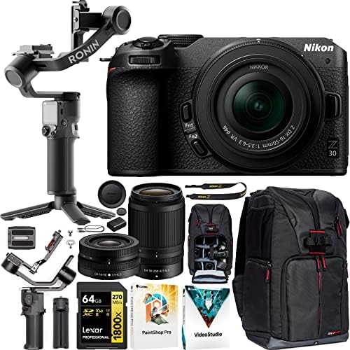 Nikon Z 30 Mirrorless Camera 4K DX Body + 2 Lens Kit 16-50mm & 50-250mm 1743 Filmmaker’s Bundle Including DJI RS 3 Mini Gimbal Stabilizer + Deco Gear Photography Backpack + 64GB Card & Software