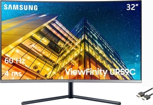 SAMSUNG 32″ UR59 Series ViewFinity 4K UHD (3840×2160) Curved Monitor, 60Hz, 4ms, Display Port, 3-Sided Frameless, Eye Saver Mode, HDMI, Dark Blue Gray, with MTC HDMI Cable