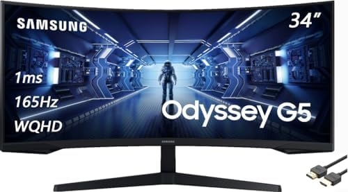 SAMSUNG 34″ Odyssey G5 Ultra-Wide Gaming Monitor, 1000R Curved, 165Hz Refresh Rate, 1ms Response Time, FreeSync Premium, WQHD, Black, with MTC HDMI Cable